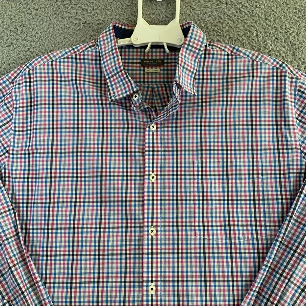 Van Heusen Shirt Men's XXL Classic Fit Long Sleeve Flip Cuff Button Up Pink Blue